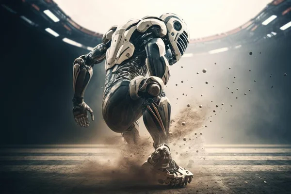 A Robot Running In A Stadium With Dust Coming From His Feet Sports Bar Animation Robotics Engineering