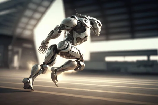 A Robot Running In A Large Building With A Sky Background Fitness Center Animation Robotics Engineering
