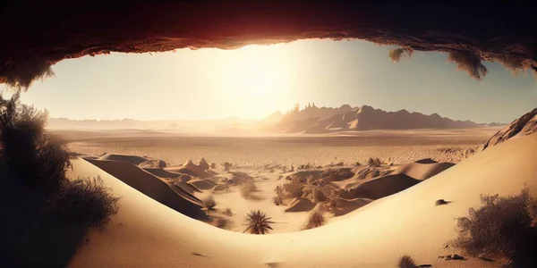 A Desert Scene With A Sun Shining Through A Cave Desert Panoramic Photography Environment