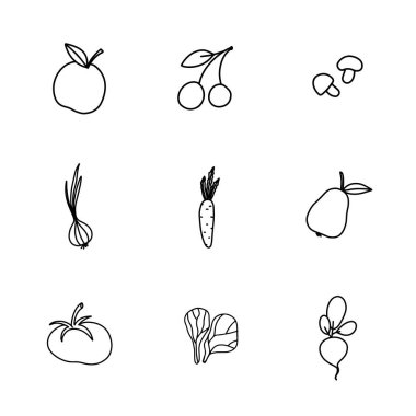 Meyveler ve sebzeler ana hatları simgeler. Set: elma, kiraz, mantar, soğan, havuç, armut, domates, salata, pancar.