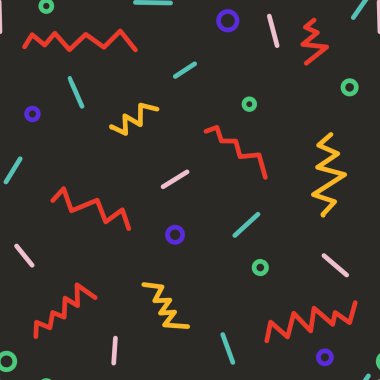 Dekoratif, renkli geometrik şekiller, çizgiler, zikzaklar, eğriler pürüzsüz arkaplan. Hediye kağıdı, bebek partisi, hatıra defteri, kartpostallar, posterler, davetiyeler için mükemmel..