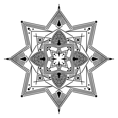 Soyut Mandala. Yetişkinler için el boyama kitabı. Şablonları ve küçük detayları olan güzel çizimler. Bir dizi boyalı resimden biri. Siyah ve beyaz desenli. Sanat terapisi.