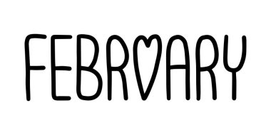 Şubat ayında elle çizilmiş harfler. Takvim için Şubat ayı. Kış davetiyesi için mürekkep fırçası harfleri.