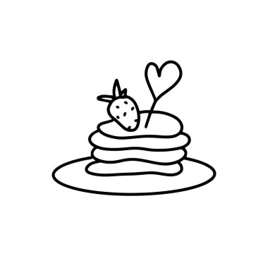 Üstünde çilek olan bir tabak gözleme ve çivili kalp süslemesi. Sevgililer Günü kartpostalları ve dekorasyonları için mükemmel..