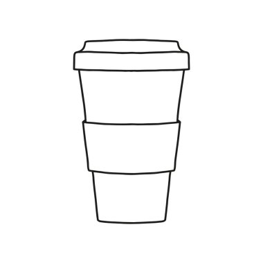 Kahve fincanı ikonunu kaldır. Taşımak için bir fincan. Bir fincan. Gerçekçi Mockup. Teslimat hizmeti konsepti. Uzayı kopyala Doğrusal, vektör, gerçekçi, özet çizimi.