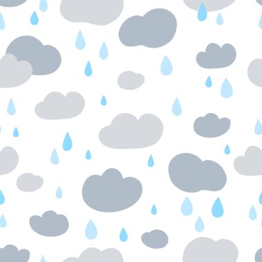 Yağmur ve bulutlarla el çizimi kusursuz desen. Kartlar, posterler, afişler, kumaş ve diğer tasarım resimleri.