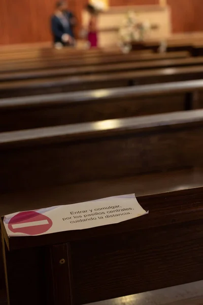 Interior Church Wooden Benches Warning Note — Stock Photo, Image