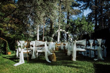 Süslü sandalyeli düğün kemeri ve güzel açık hava düğünü için çiçekler. 