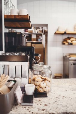 Interior details at the bakery and coffee shop. Zero waste shop or sustainable local small businesses at food service.