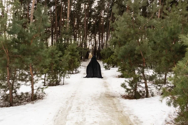 Blonde woman in a black cloak with a hood in winter in a pine forest. Female in cloak with hood from the view from the back side