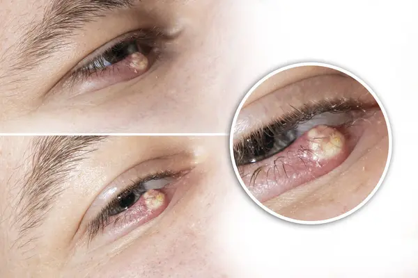Set of the photos with Eye of a guy with stye close-up. Acute red purulent inflammation of the hair follicle of the eyelashes of a man. Treatment and prevention of eye diseases.