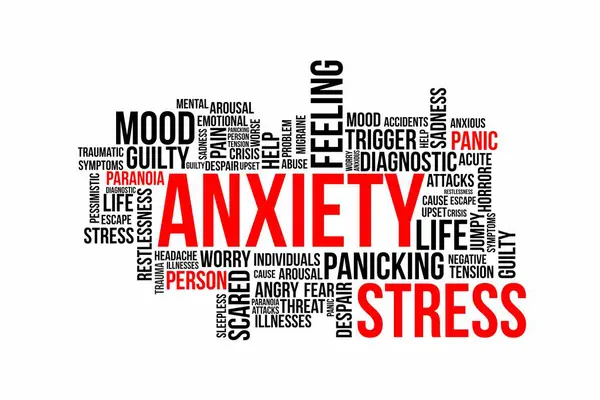 Beyaz arkaplanda kelime bulutu içinde ANXIETY ve STRESS kavramı