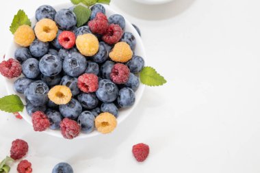 Yabanmersini ve ahududu lezzetli, sağlıklı ve lezzetli meyvelerdir. Kırmızı ve sarı ahududulu taze yaban mersini ve beyaz kasede nane yaprağı. Beyaz arka planda beyaz plakalı yabanmersini.