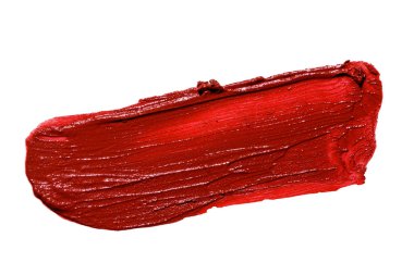 Red lipstick smear smudge swatch isolated on white background. Cream makeup texture. Bright color cosmetic product brush stroke swipe sample.