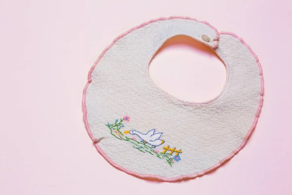 Baby Bib Pink Background Handmade White Embroidery — Stock Photo, Image