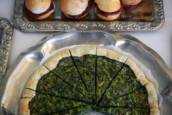 Quiche Spinach Old Silver Tray Royalty Free Stock Photos