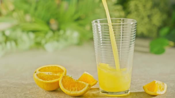Orange Juice Pouring Glass Slow Motion Close — Stock Video