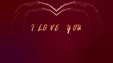 Golden flying particles, love, heart, sparkle, wedding concept. Animation of Hearts with text I Love You on Red Background for St. Valentines Day, Mothers Day, wedding. Loopable animation.