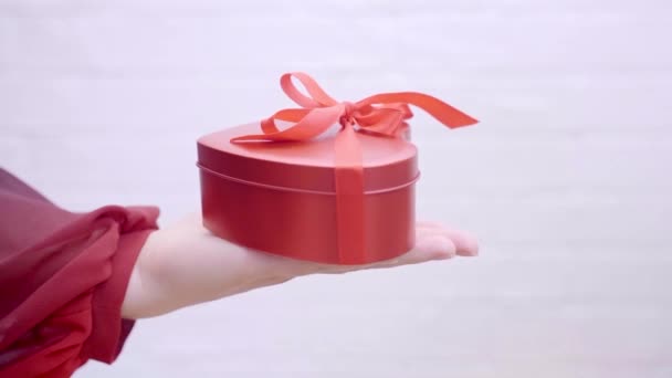 Celebration Concept Woman Holds Present Box Saint Valentine Day Birthday — Stock video