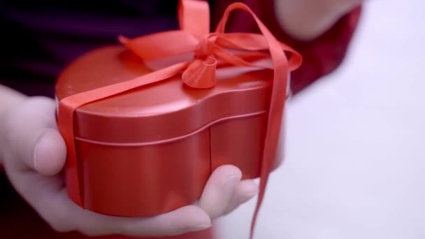 Celebration Concept Woman Opens Present Box Saint Valentine Day Birthday — Wideo stockowe