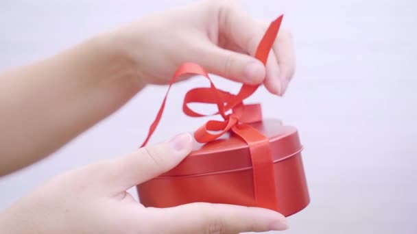 Celebration Concept Woman Opens Present Box Saint Valentine Day Birthday — стокове відео