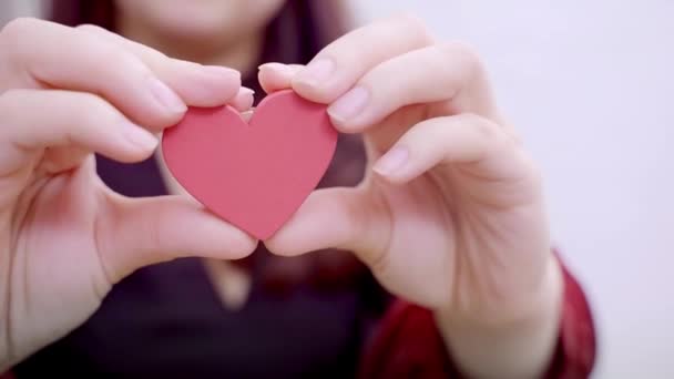 Руки Держат Красное Сердце Женщины Дар Красного Сердца День Святого — стоковое видео