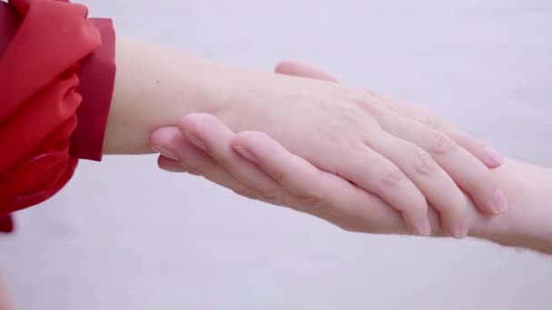 Yakın Çekim Eller Birleşiyor Yakın Plan Aşk Çifti Beyaz Arka — Stok video