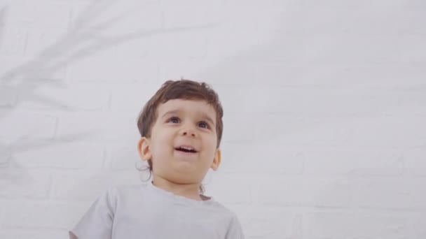 Küçük Şirin Çocuk Sabahları Yatakta Zıplarken Eğleniyor Mutlu Gülüp Eğlenen — Stok video