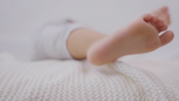 Cute Little Boy Having Fun Frolicking Bed White Fresh Bedding — Stock Video