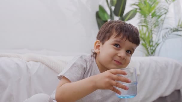 一个衣冠楚楚的小男孩 手里拿着一杯清澈的过滤矿泉水 健康生活方式的概念 慢动作 — 图库视频影像