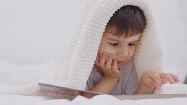 Cute Little Caucasian Child Boy Looking Book Preschool Kid Lying — Stock Video