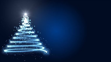 Mavi Arkaplanda Parçacıklar, Işıklar ve Parlayan Yıldızlı Noel Ağacı Kartı. Boşluğu Kopyala