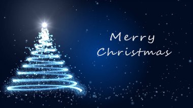 Parlayan Işıklar, Noel Ağacı, Xmas, Mavi Arkaplanda İngilizce Mutlu Noeller Mesajı. Kış Tatili Sezonu Sosyal Dijital Kart İllüstrasyonu