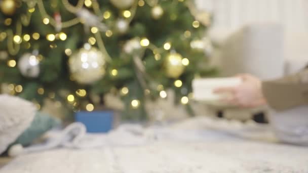Frau Legt Eine Geschenkbox Für Die Weihnachtsfeiertage Unter Den Weihnachtsbaum — Stockvideo