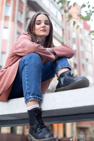 Stylish Model Jeans Boots Bottom View City Style Fashion — Stock Photo, Image