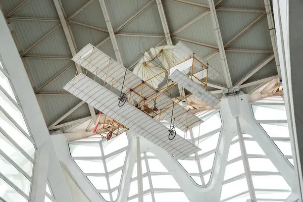 stock image the first flying device. Airplane with bicycles, design with wings