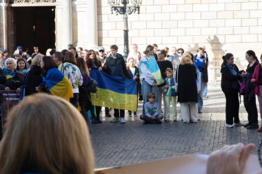 Ukrayna bayrakları ve sancakları taşıyan protestocular 1000 günlük savaş. Ukraynalıların Barselona 'daki mitingi, İspanya 25.11.2024