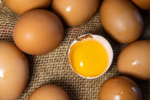 Kırık Yumurta Kabuğunda Altın Yumurta. Reklam metni için yeri olan bir yumurtanın makro fotoğrafı, üst görünüm 