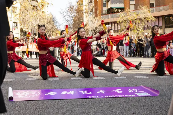 Kültürleriyle Avrupa 'yı tanıtan geleneksel kostümlü Çinliler geçidi. İnsanlar İspanya 'da Çin Yeni Yılı' nı kutluyor, Barselona 25.01.2025