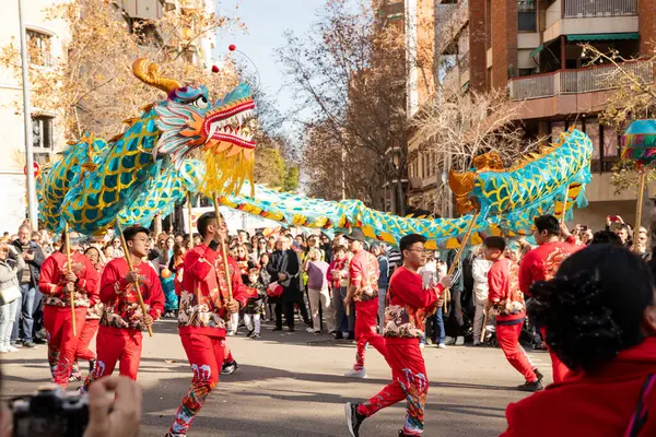 Bir ejderhayla geleneksel kostümlü Çin geçidi. İnsanlar İspanya 'da Çin Yeni Yılı' nı kutluyor, Barselona 25.01.2025