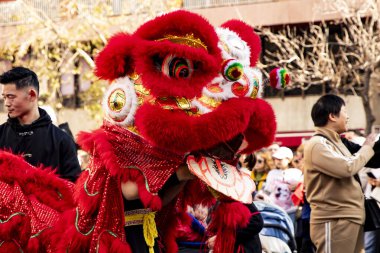 Kültürleriyle Avrupa 'yı tanıtan geleneksel kostümlü Çinliler geçidi. İnsanlar İspanya 'da Çin Yeni Yılı' nı kutluyor, Barselona 25.01.2025