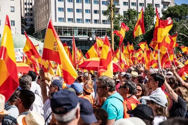 İspanya 'da hükümet karşıtı protesto 08.06.2025 İspanyol bayrakları ve sloganlarıyla, Başbakan Pedro Snchez aleyhinde kitlesel bir gösteride. 