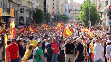 Bayraklı İspanyollar ülkenin onurunu Pedro Sanchos 'a karşı koruyorlar. Madrid İspanya 06.08.2025.