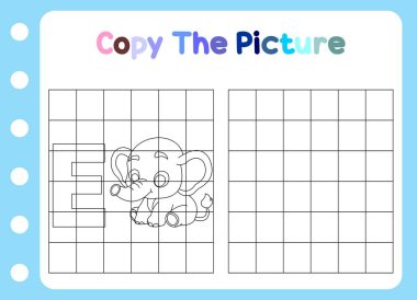 Hayvanın resmini kopyala. Çocuklar için şirin fil eğitimi oyunu. Çizgi film vektör illüstrasyonu