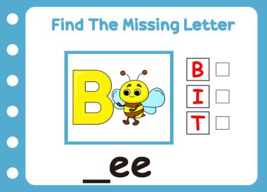 Kayıp arı mektubunu bul. Sevimli küçük arı b harfini tutuyor.