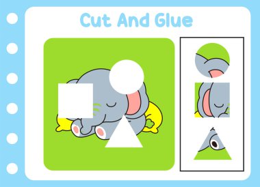 Çocuklar için kes ve yapıştır. Şirin fil. bulmaca oyunu .