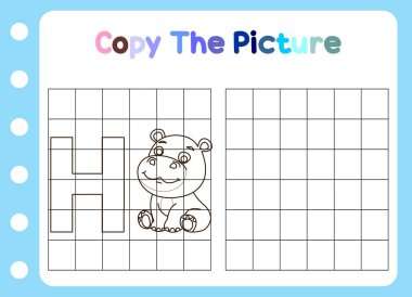 Hayvanın resmini kopyala. şirin su aygırı oyunu çocuklar için eğitici.