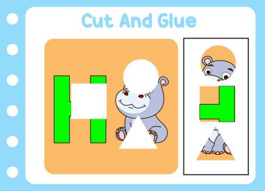 Çocuklar için kes ve yapıştır. Tatlı küçük su aygırı. bulmaca eğitimi oyunu .