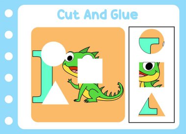 Çocuklar için kes ve yapıştır. Sevimli küçük iguana. bulmaca eğitimi oyunu .