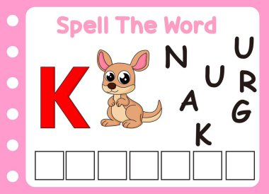 Kanguru kelimesini hecele. K harfiyle küçük şirin tilki.